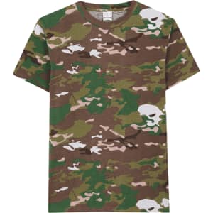 A short-sleeved T-shirt featuring a camouflage pattern in shades of green, brown, and white. It has a simple design.