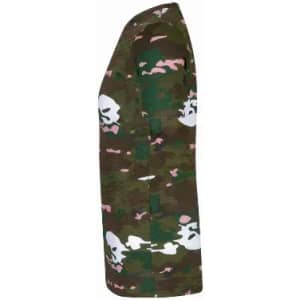 A camo-patterned T-shirt featuring skull designs in white and pink against a green and brown background.