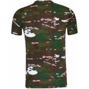 A t-shirt featuring a camouflage pattern in green, brown, and pink tones, displayed from the back.