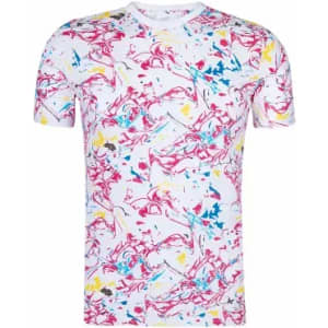 A T-shirt featuring a vibrant, multicoloured abstract pattern on a white background, with a round neckline.