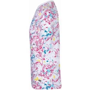 A T-shirt featuring a vibrant, multicoloured abstract pattern predominantly in pink, yellow, and blue.