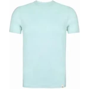 A light blue T-shirt with a crew neck and short sleeves, featuring a logo on the hem.