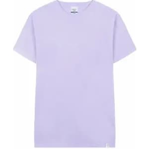 A plain lilac T-shirt featuring a crew neckline and short sleeves, with a small logo at the hem.