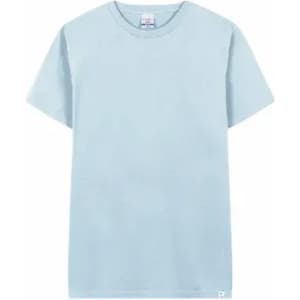 A light blue t-shirt with short sleeves, featuring a label at the neckline and a small logo.