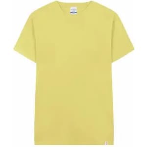 A yellow t-shirt with a round neck and short sleeves, featuring a branding label on the side.