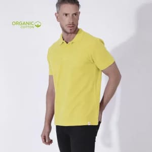 A polo shirt in bright yellow made from organic cotton, featuring a logo on the left side.