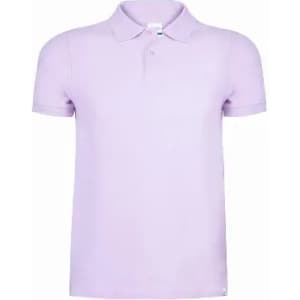 A polo shirt in a soft lavender colour with a classic collar and short sleeves. It features a logo at the hem.