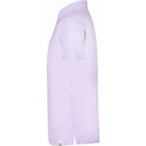 A lavender T-shirt with a crew neck and short sleeves, featuring a logo on the side.