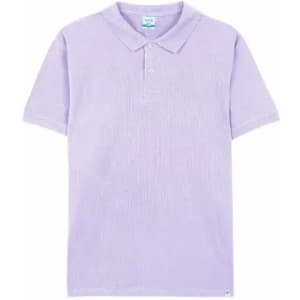 A lilac polo shirt with a collar and short sleeves, featuring a logo on the hem.