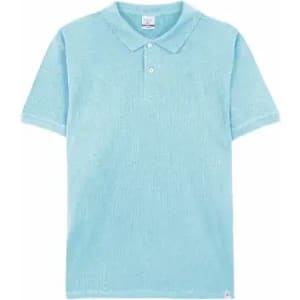 A light blue polo shirt with a classic collar and short sleeves. It features a branded logo.