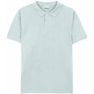 A light blue polo shirt featuring a collar and short sleeves, with a logo at the bottom.