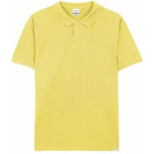 A yellow polo shirt with a classic collar and short sleeves, featuring a small logo on the bottom.