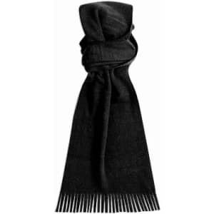 A black scarf with a textured finish and fringe detailing at the ends, featuring a simple design.
