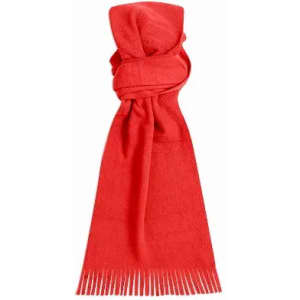 A red scarf featuring a soft texture and fringe detailing at the ends. It has a simple, elegant design.