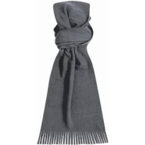 A grey scarf with fringed ends, elegantly draped in a loose knot.