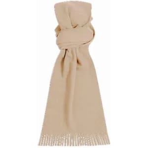 A beige scarf with fringed ends, neatly folded and knotted at the centre. It has a soft texture and is unbranded.