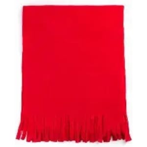 A red fringe blanket with a smooth texture, featuring decorative frayed edges along the bottom.