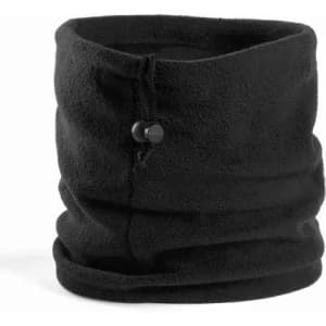 A black fleece neck gaiter with adjustable drawstring for a secure fit. Ideal for warmth and comfort.