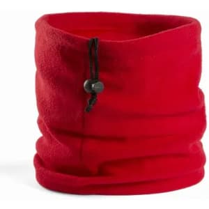 A red fleece neck warmer with a drawstring toggle for adjustable fit. It features a soft, snug design.