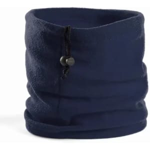 A navy blue fleece neck warmer with a drawstring adjustment. It has a soft texture and is designed for warmth.