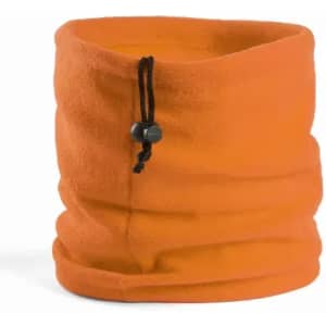 An orange fleece neck warmer with a drawstring adjustment feature. It has a simple, unbranded design.