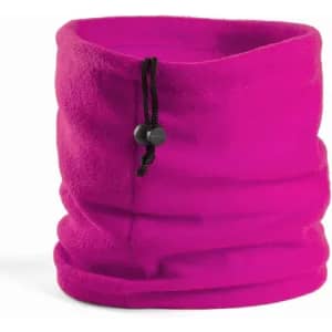 A pink neck gaiter made of soft fabric with a cinch cord for adjustable fit. Features branding visible on the product.