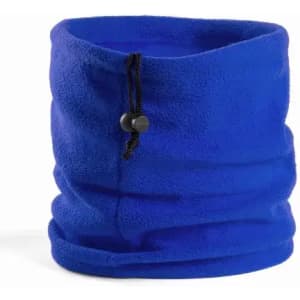 A blue fleece neck warmer featuring a drawstring for adjustment and a soft, cozy texture.