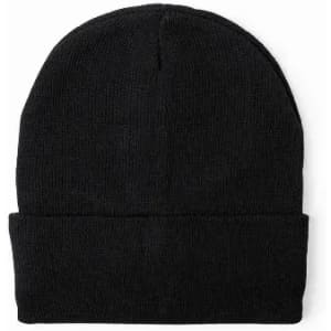 A black beanie hat with a folded cuff, made from a textured knit material.