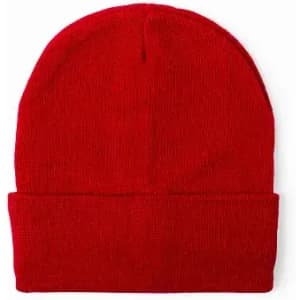 A red beanie hat with a folded cuff. The material appears soft and knitted.