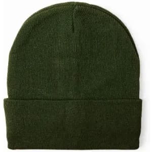A green beanie hat with a turned-up cuff, made from a textured fabric. It features a plain design without logos.