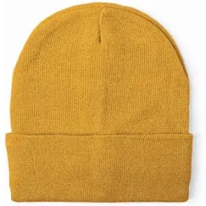 A beanie in a warm mustard yellow colour, featuring a rolled cuff. It has a textured knit design.