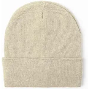 A beanie in a soft beige colour, featuring a fold-up cuff and a simple, textured design.