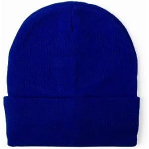A blue beanie hat made of knit material, featuring a folded cuff and a smooth finish.