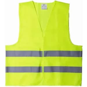 A high-visibility safety vest in bright yellow with reflective grey stripes, featuring a simple, open design.