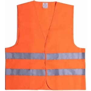 An orange safety vest featuring reflective silver stripes, designed for visibility and safety.
