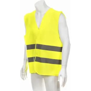 A high-visibility vest in bright yellow with two horizontal grey reflective stripes, displayed on a mannequin.