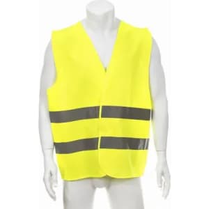 A high-visibility yellow safety vest featuring two reflective grey stripes. No logos are visible.
