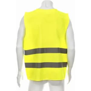 A safety vest in fluorescent yellow with reflective grey stripes on the back, designed for visibility.