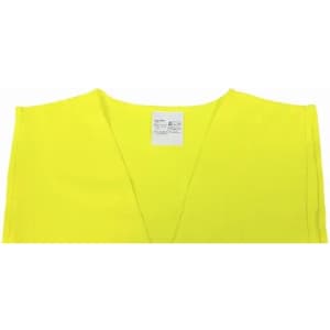 A yellow high-visibility vest with a V-neck design and a tag. It features a plain, bright colour throughout.