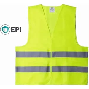 A high-visibility yellow safety vest featuring reflective grey stripes and a logo on the side.