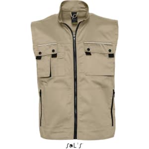 A men's beige vest with reflective piping and six exterior pockets. It features a zip front and has a logo.