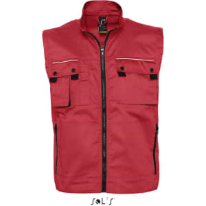 A red men's vest featuring reflective piping and six exterior pockets, with a zipped front. It has a logo.