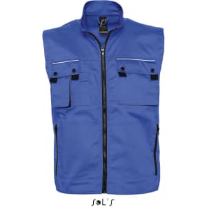 A blue men's vest featuring reflective piping and six exterior pockets, with a logo branding.