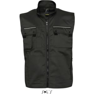 A black men's vest featuring reflective piping and six exterior pockets, with a logo on the chest.