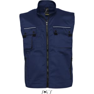 A navy work vest featuring reflective piping and six exterior pockets, with a branding logo at the bottom.