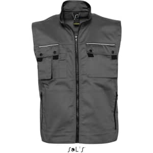 A grey men's vest with reflective piping and six exterior pockets, featuring a zip front and a branded label.