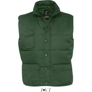 A green vest with multiple exterior pockets and a high collar, featuring a logo.