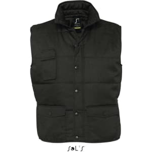A black vest with multiple exterior pockets and a high collar, featuring a logo on the front.