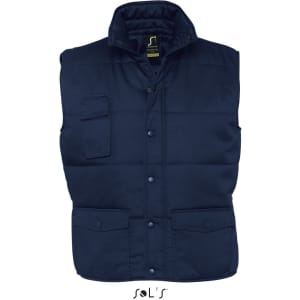 A navy blue vest with multiple exterior pockets, featuring a collar and a front snap closure. It has a logo on the interior.