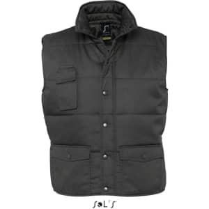 A black vest with a high collar and multiple exterior pockets, featuring a logo.